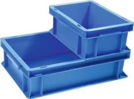 Stackable transport container L600xW400xH120mm blue PP handle recess closed side