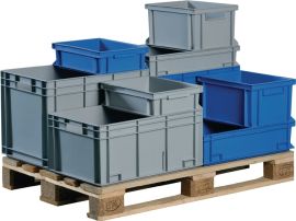 Stackable transport container L600xW400xH120mm grey PP handle recess closed side